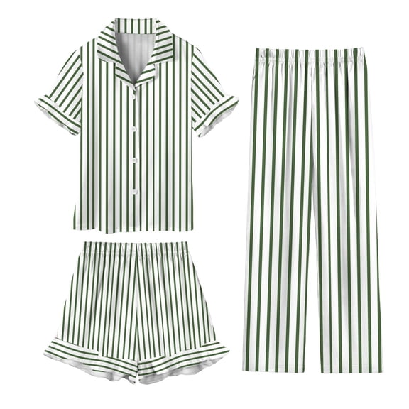 WMTBSRSW Back to School Outfits Kids Lightweight Summer Clothing Sets Boys Girls Trendy Striped 3 Piece Sleep Sets Soft Short Sleeve Button Down Shirt Shorts and Pants Green 7 Years