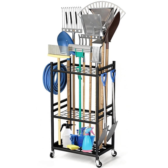 VOROLAK Garden Tool Organizer, 3-Tier Freestanding Lawn Tool Rack with Wheels & Hooks, Broom Holder Up to 35 Rakes, Heavy Duty Metal Garden Tool Organizer for Garage, Yard, Patio, Indoors & Outdoors
