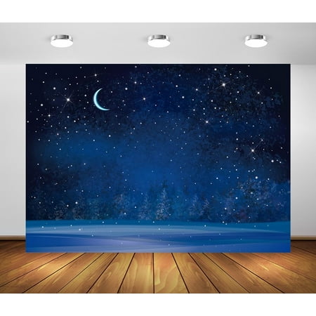 Image of 8x6ft Fabric Winter Wonderland Night Snowfall Backdrop Blue Starry Moon Stars Snowflakes Fir Trees Pine