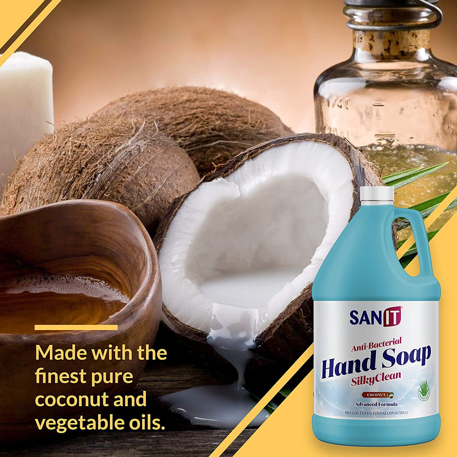 Sanit Silky Clean Antibacterial Liquid Gel Hand Soap Refill - Advanced Formula with Coconut Oil and Aloe Vera - All Natural Moisturizing Hand Wash - Made in USA, Coconut, 1 Gallon