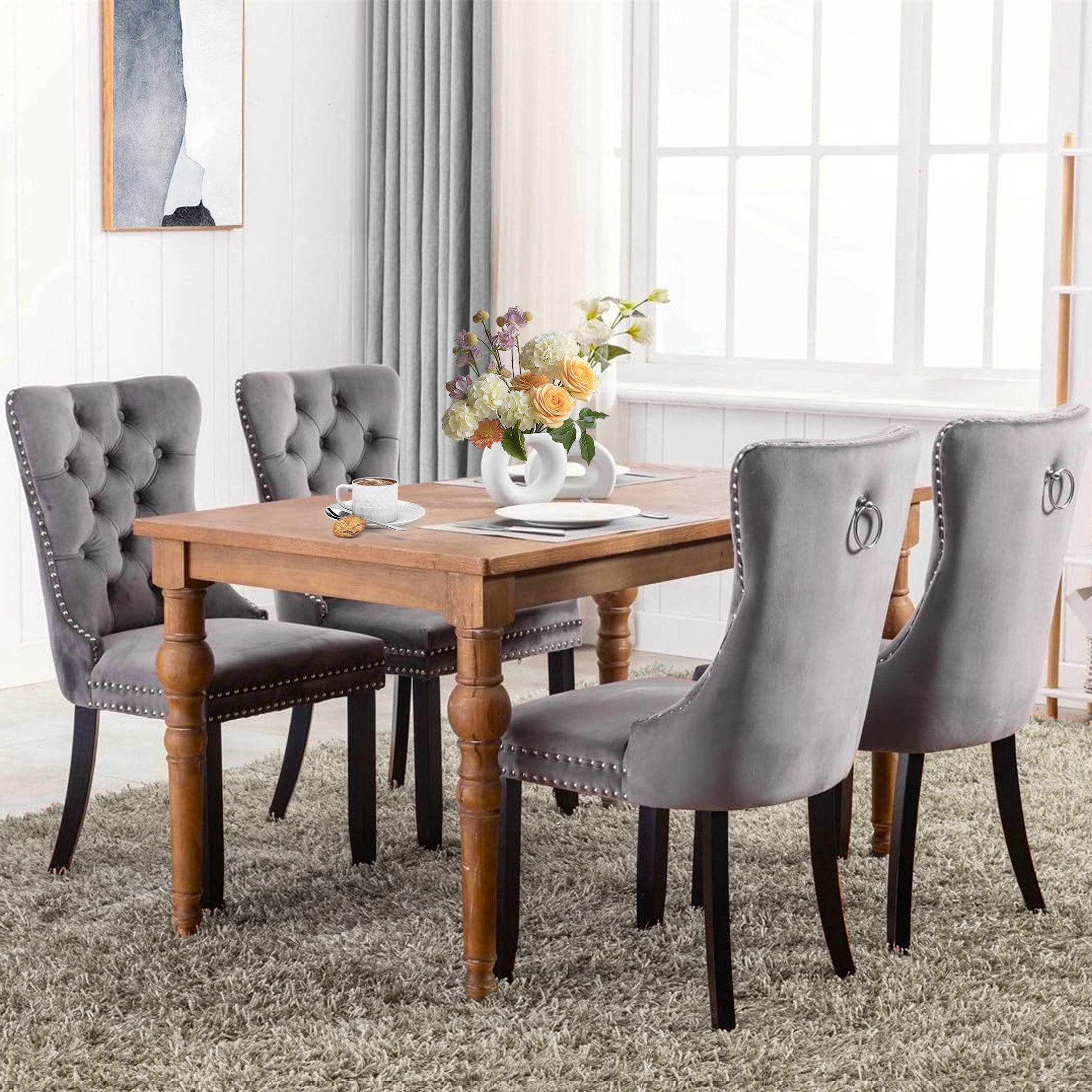 PORKISS Dining Chairs Set of 4, Upholstered High-End Tufted Dining Room Chair with Back Ring and Nailhead Trim, Modern Velvet Chairs with Solid Wood Legs for Kitchen,Gray