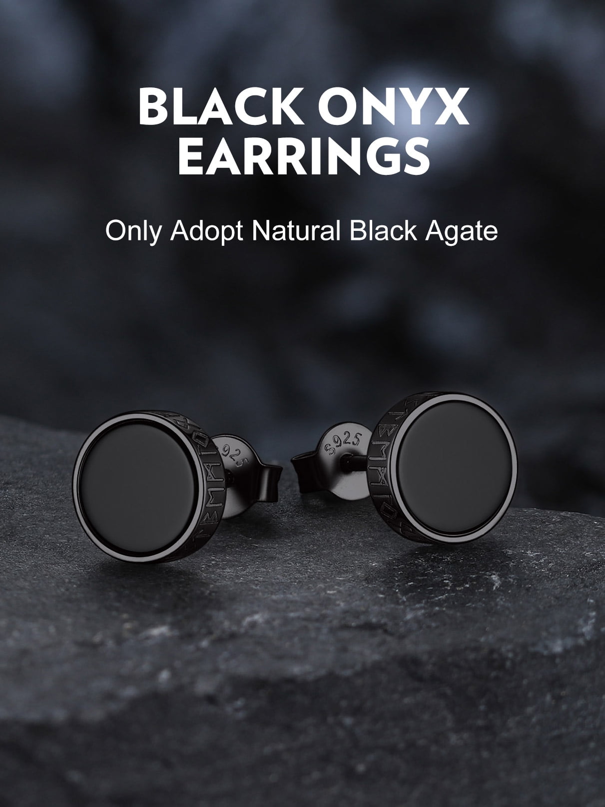 Bandmax Black S925 Silver Stud Earrings for Men Women Natural Black Onxy with Viking Rune Ear Studs Gift for Father's Day Christmas Valentines
