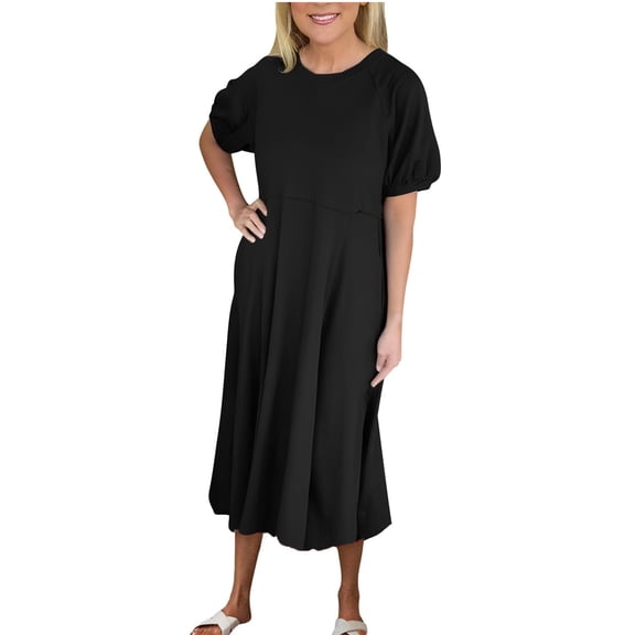 Htigea Casual Midi Dresses for Women Summer Puff Short Sleeve Crewneck Dress Solid Color Loose Fit Everyday Wear Black S
