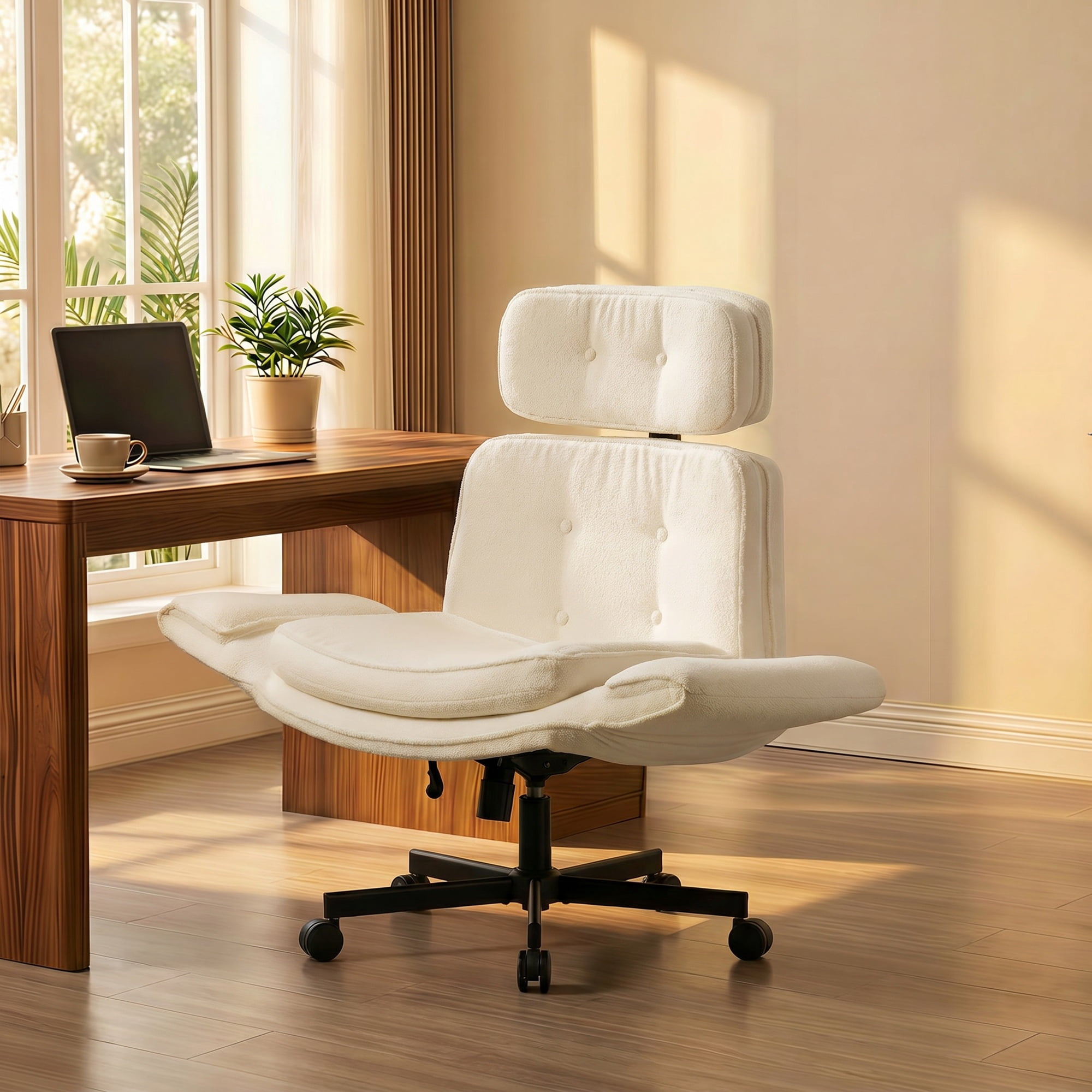 Peispie Criss Cross Office Chair with Adjustable Arms, Leather Cross Legged Desk Chair with Headrest, Wide Seat High Back Swivel Computer Office Chair for Home Office, Beige
