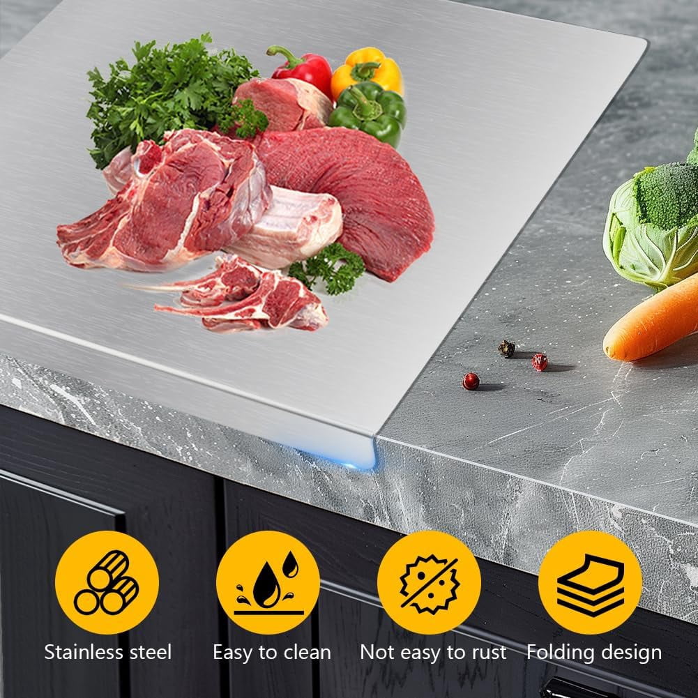 RGHJAR-Stainless Steel Cutting Boards with Counter Lip for Kitchen, Metal Chopping Board over Sink with for Countertop Cutting Meat,Fruits,Vegetables, with Silicone Mat and Rag(SIZE:30x30cm/12x12inch