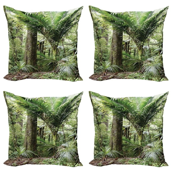 Ambesonne Forest Throw Pillow Cover 4 Pack, Foliage Jungle Design, 18", Green Brown