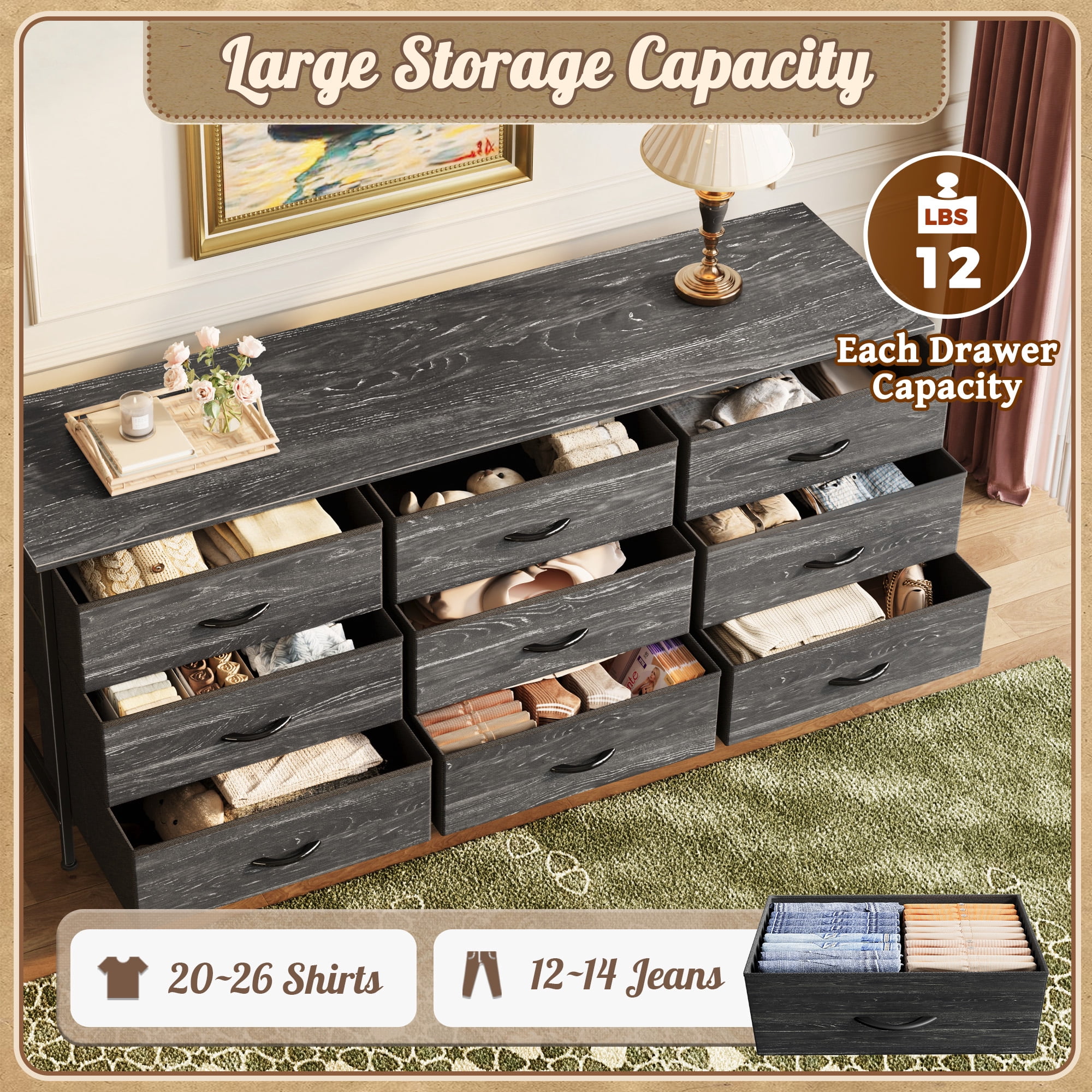 9 Drawer Bedroom Dresser with Storage, 47 Inch TV Stand for 50, 55 Inch TV, Fabric Chest for Closet