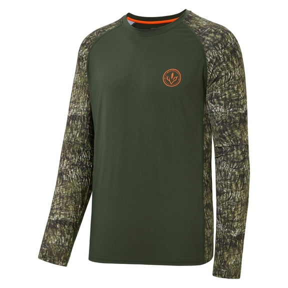 BASSDASH Menās Lightweight Camo Hunting Shirt UPF 50 Sun Protection Long Sleeve Hiking Fishing Performance Tee Mesh Panels