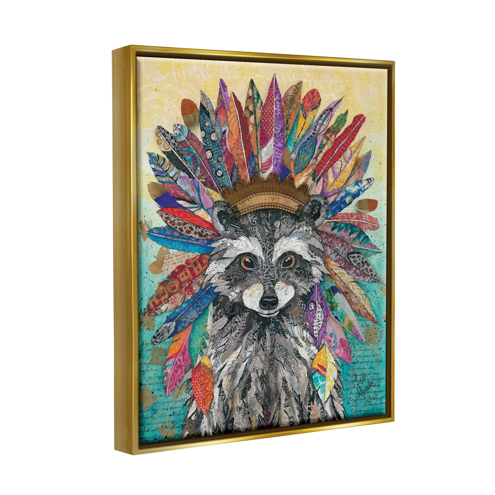 Stupell Industries Bold Tribal Raccoon Mixed Ephemera Collage Painting Painting Metallic Gold Floating Framed Canvas Print Wall Art, Design by Lisa Morales