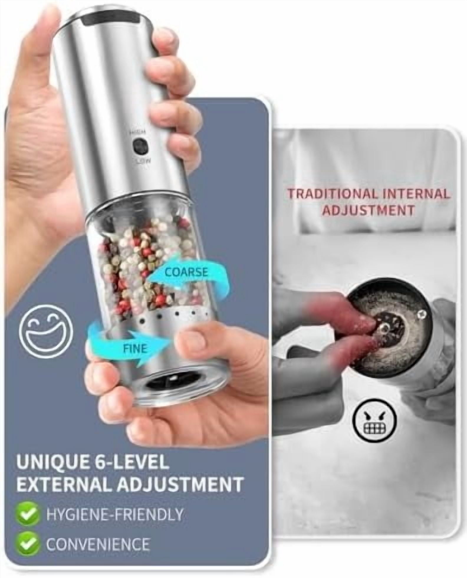 Electric Pepper Grinder Stainless Steel Rechargeable Pepper Mill with Variable Grinding Speed, External Adjustable Coarseness, 95ml Container and White LED Light, Silver