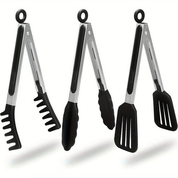 Non Stick Kitchen Tongs with Silicone Tip for Cooking BBQ Baking (9", Black)