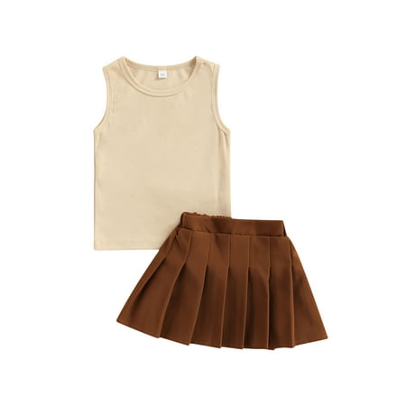 

TheFound 2pcs Summer Fashion Girls Clothes Solid Sleeveless Vest Tops+High Waist Pleated Skirts Sets