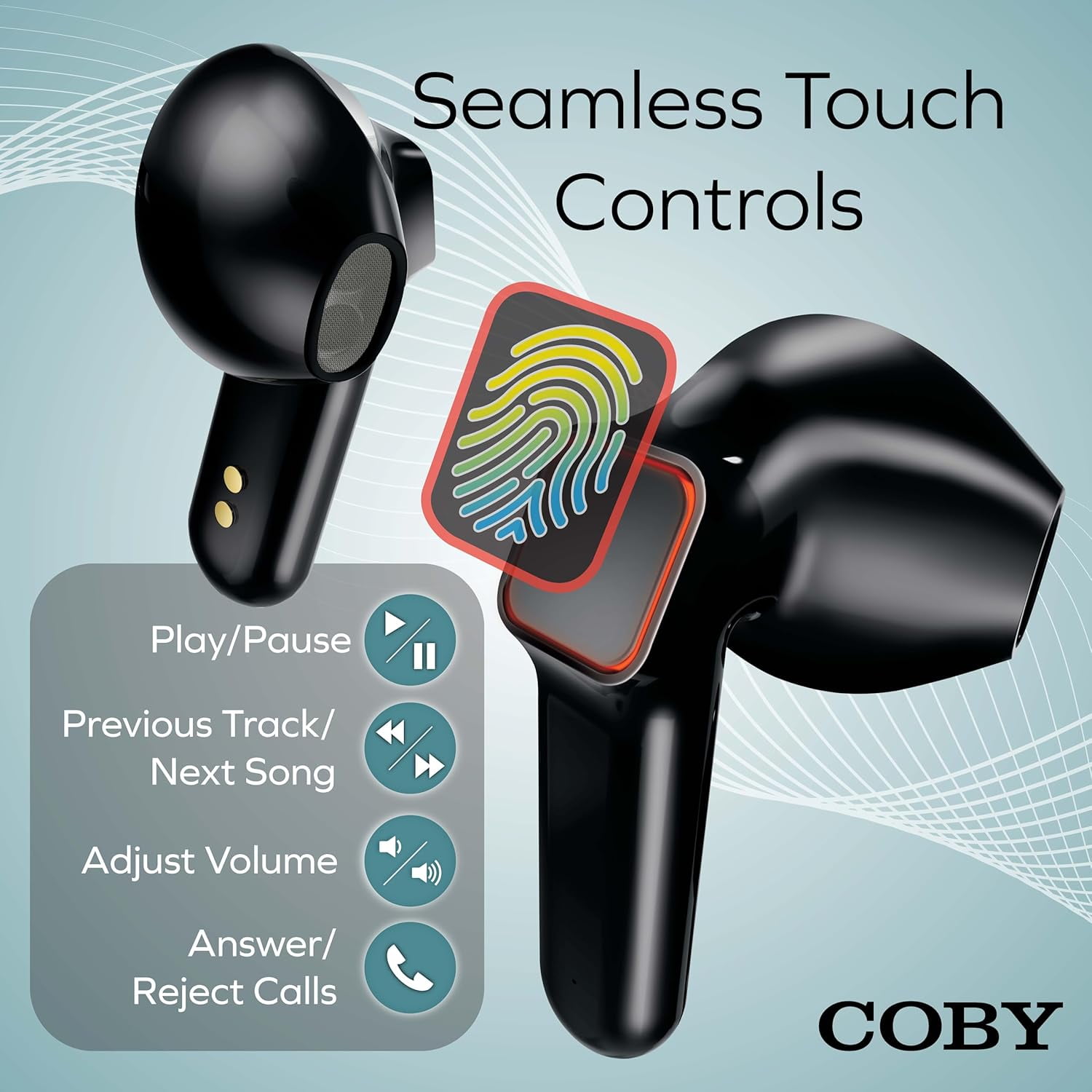 COBY Sweat-Resistant True Wireless Earbuds, Noise-Isolating Bluetooth Earbuds with Built-In Mic, Black