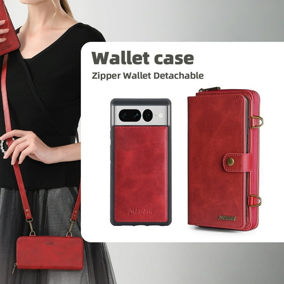 Decase for Google Pixel 7 Pro 6.7" Case, Multi-Function Zipper Leather Magnetic Pocket Wallet Case with Card Slot Holder, Detachable Flip Protective Cover with Crossbody Shoulder Strap, Red