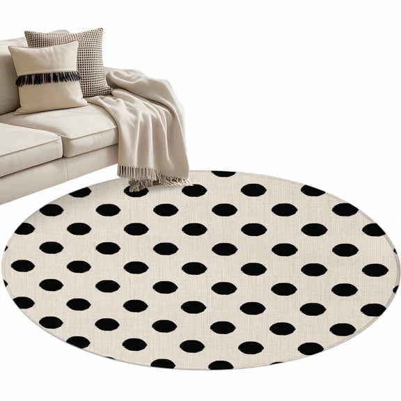 Black White Polka Dots Area Rug, Cute Solid Color Linen Washable Large Circle Carpet, Non Slip Round Rug for Living Room/Bedroom/Dining Room/Home Office/Dorm