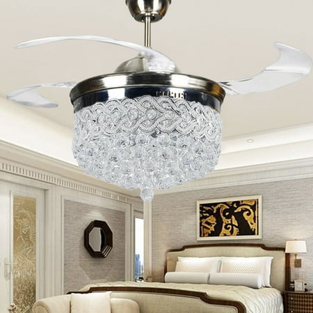 

Silver 42 Crystal Ceiling Fan Chandelier Remote Retractable Blades with Led Light