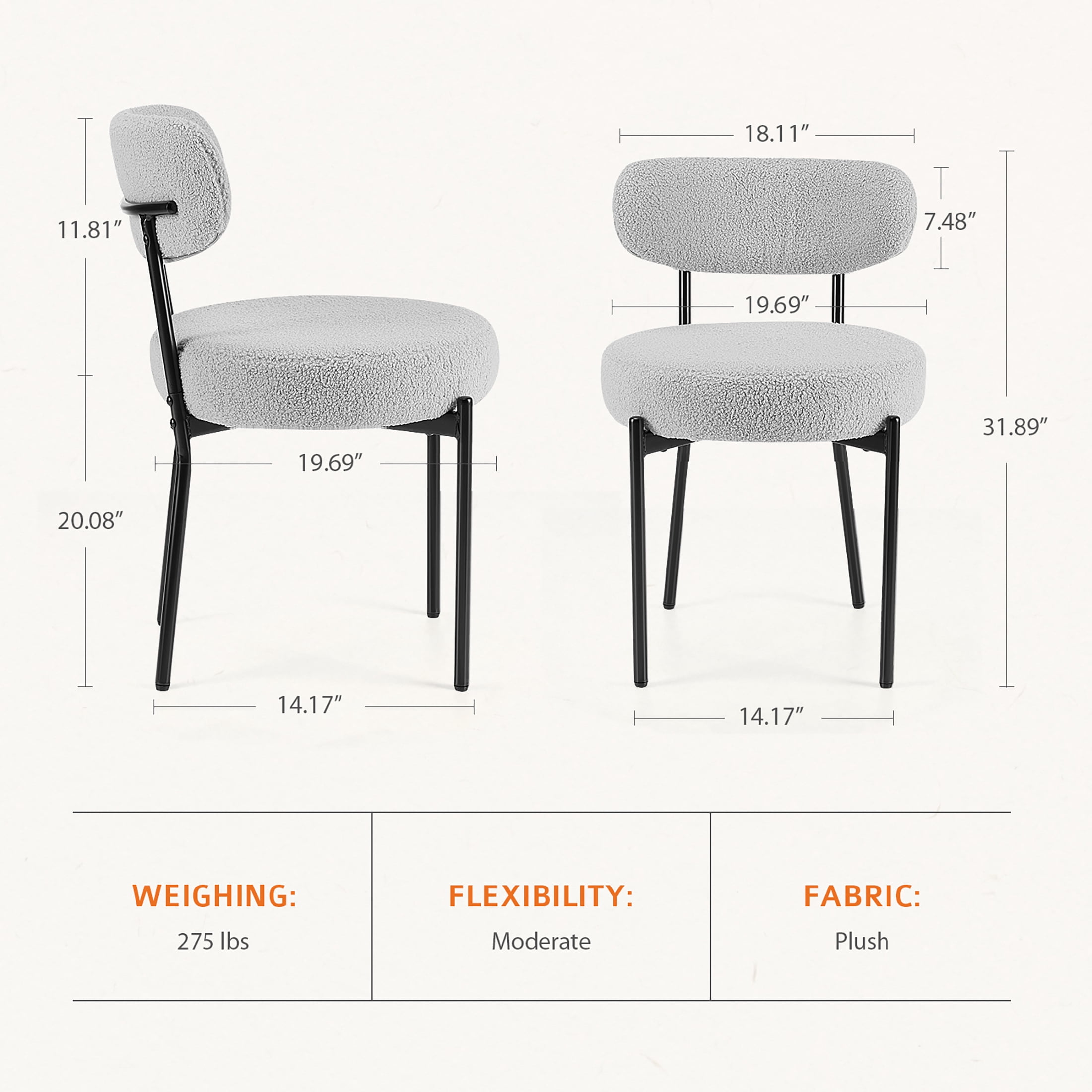 JIOABL Dining Chairs Set of 4, Boucle Upholstered Kitchen Chairs with Curved Backrest & Metal Legs, Mid Century Modern Round Dining Room Chairs for Vanity, Living Room, Gray