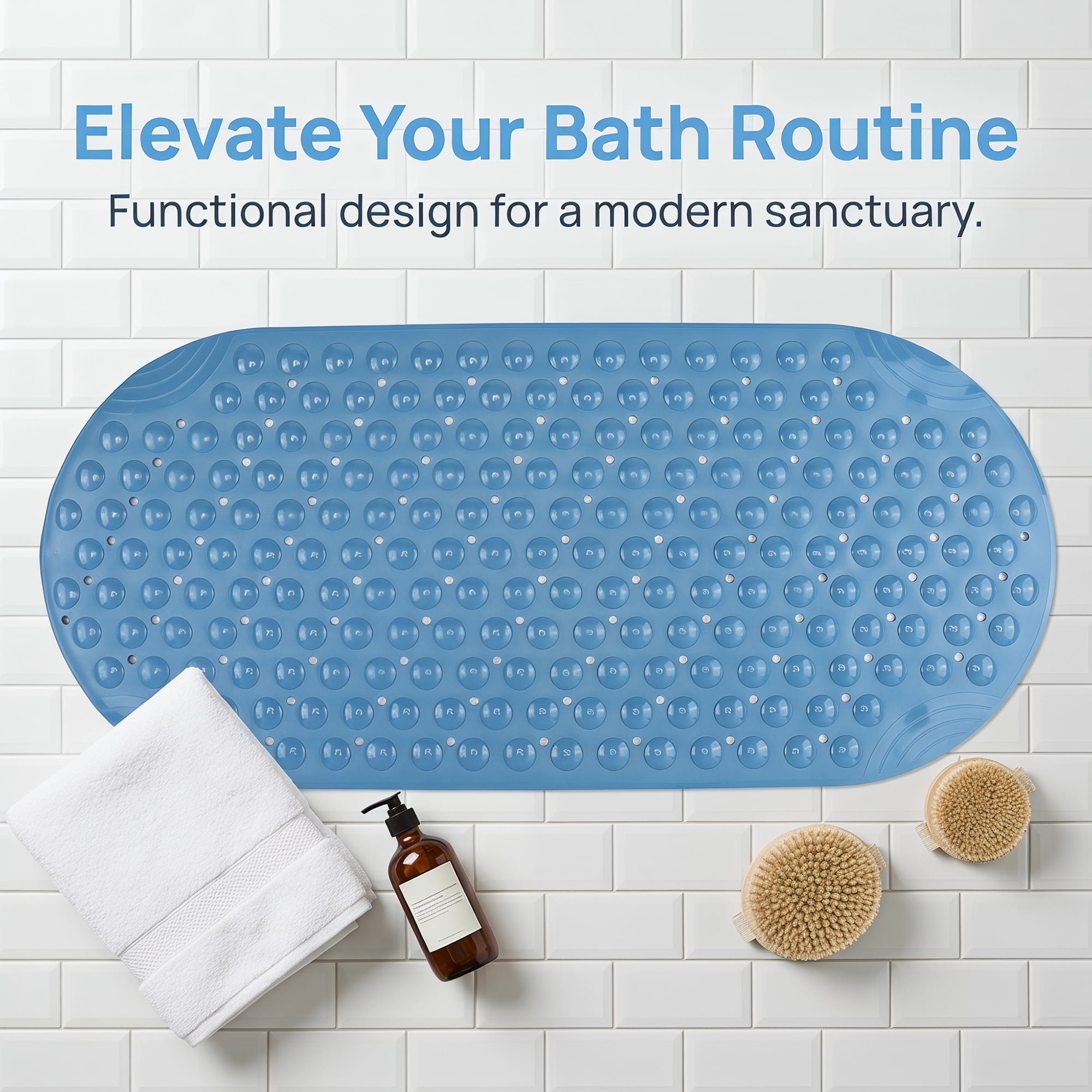 Unique Bargains Bathtub Mat Non-Slip Strong Suction Cups with Drain Holes Blue 35" x 16"