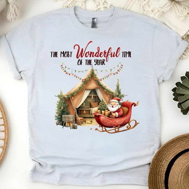 The Most Wonderful Time Shirt | Santa Camping Tent Holiday Graphic Tee, Ash, Size L