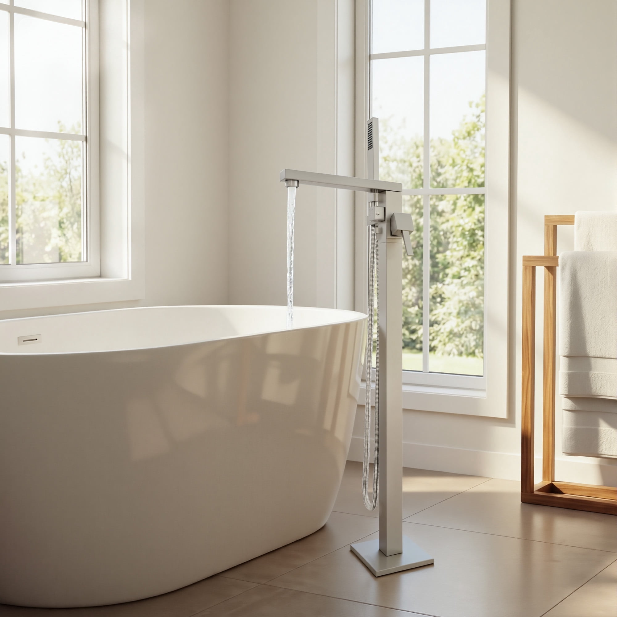 Free Standing Tub Faucet, 360°Swivel High Flow Freestanding Bathtub Faucet with Handheld Shower, Brass Body Tub Filler for Modern Bathroom, Brushed Nickel