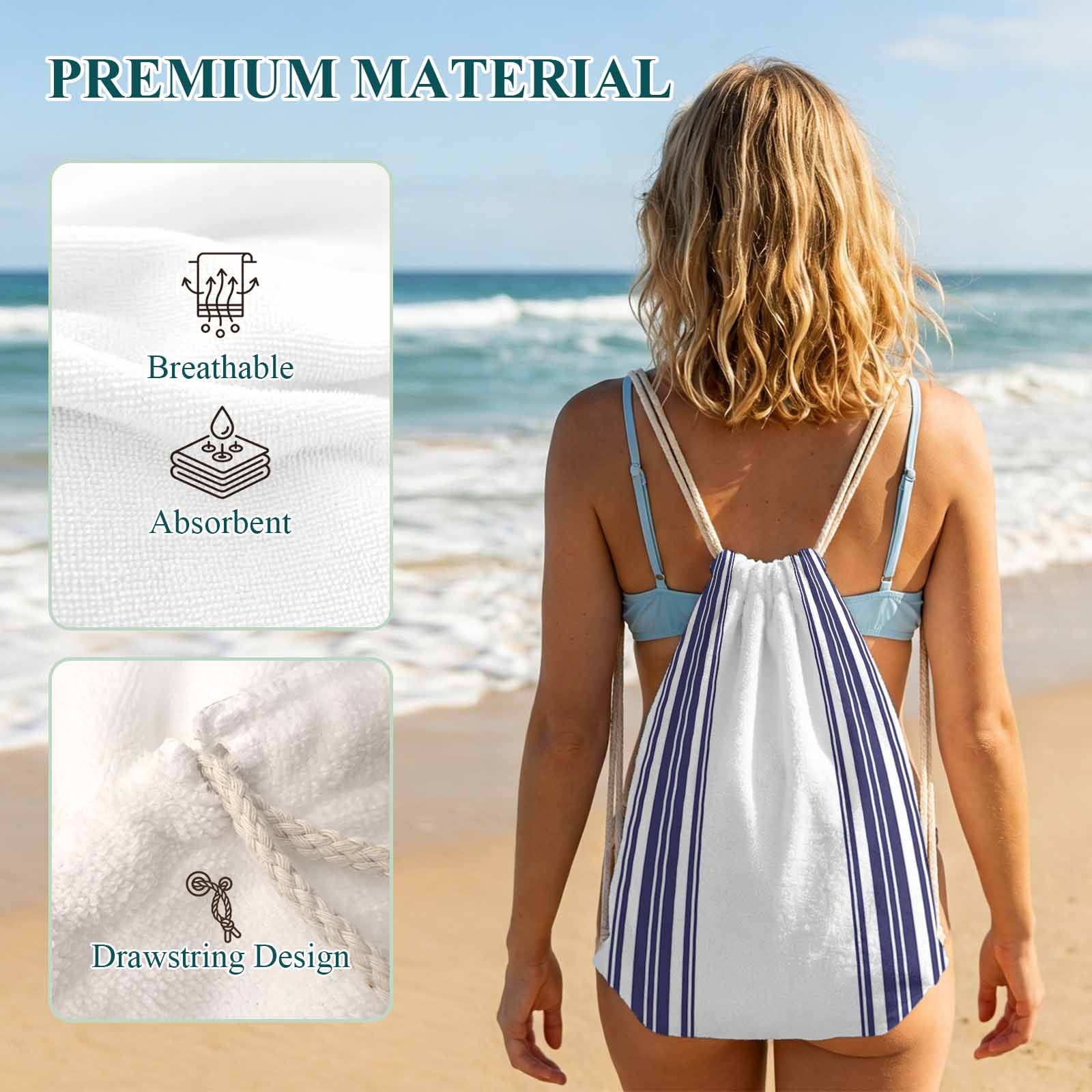 Beach Towel Bag 2 in 1 Blue Stripes Bath Pool Towels Backpack Simple Style Absorbent Beach Towel Soft Quick Dry Lightweight Packable Towels Drawstring Bag for Travel Camping Sports Yoga Gym Picnic