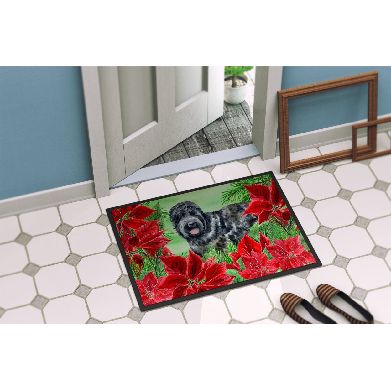Carolines Treasures CK1325MAT Black Russian Terrier Poinsettas Door Mat Indoor Rug or Outdoor Welcome Mat 18x27 Doormat