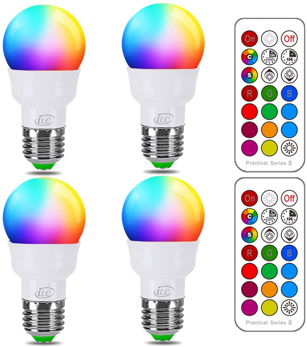 iLC RGB LED Light Bulb, Color Changing Light Bulb, 40W Equivalent, 450LM, 2700K Warm White 5W E26 Screw Base RGBW, Flood Light Bulb- 12 Color Choices - Timing Infrared Remote Control (4 Pack)
