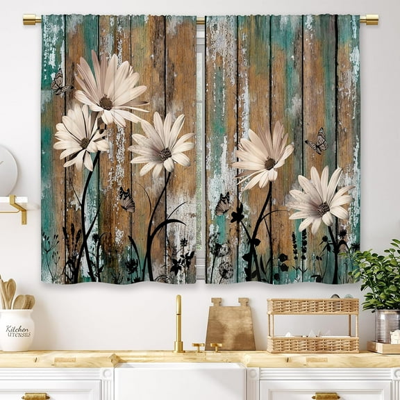 Teal Farmhouse Flower Kitchen Curtains Wooden Barn Small Short Cafe Window Curtains Rustic Butterfly Country Spring Bathroom Drapes Treatment Tier Curtains 2 Panels (27.5x36 Inch)