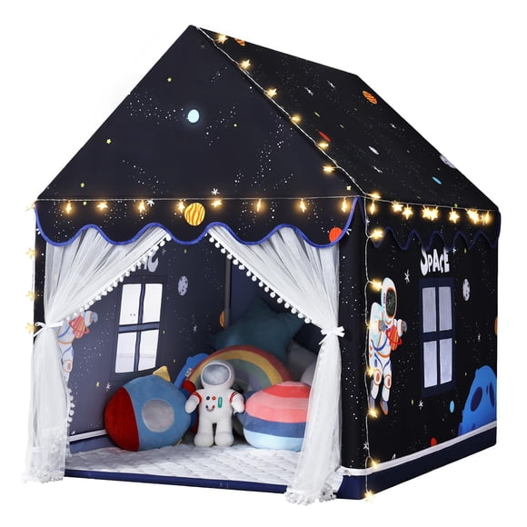 Carpa de juego Wilwolfer Space Kids con alfombrilla y luces en forma de estrella, color negro