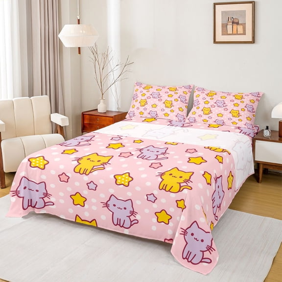 jejeloiu Pink Star Cat Polka Dot Full Size Sheets Kids,Lovely Kitten Print Bed Sheets,4 Pieces