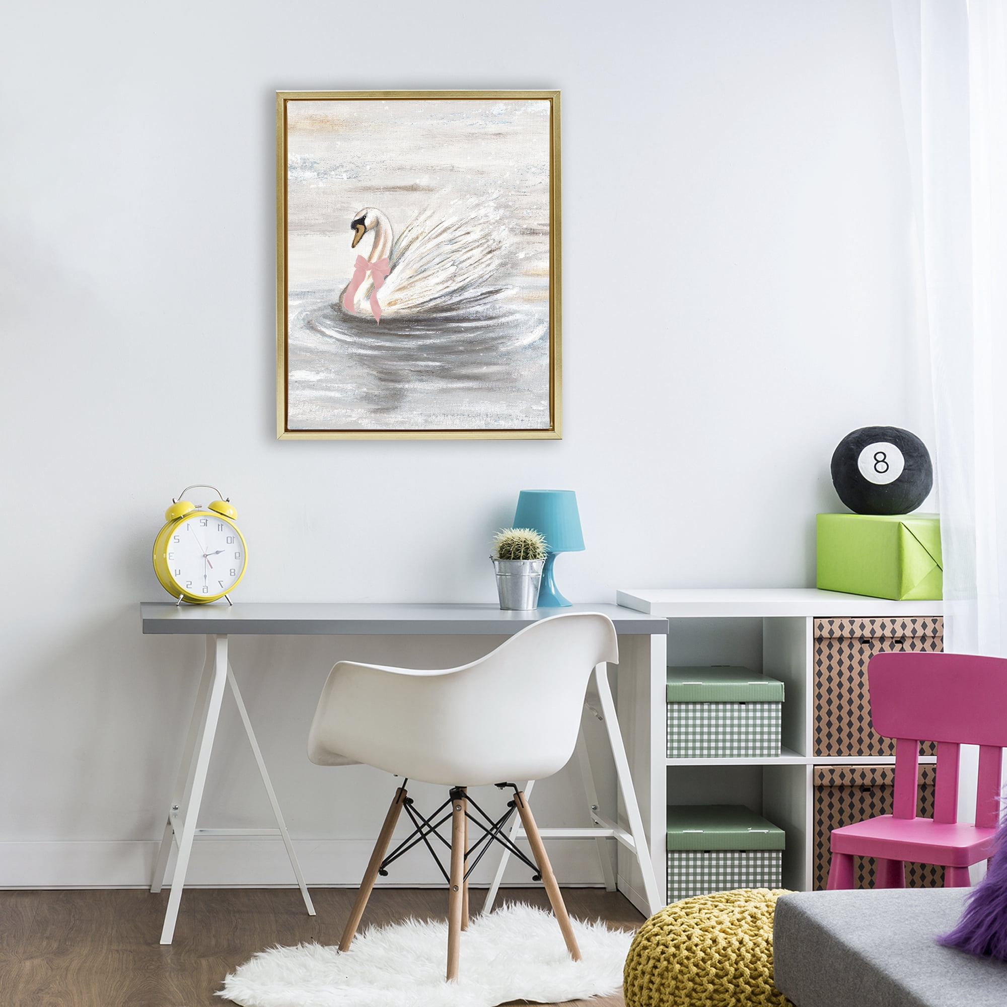 Stupell Industries Swan With Pink Bow & Ripples Gold Framed Floater Canvas Wall Art, design by Patricia Pinto