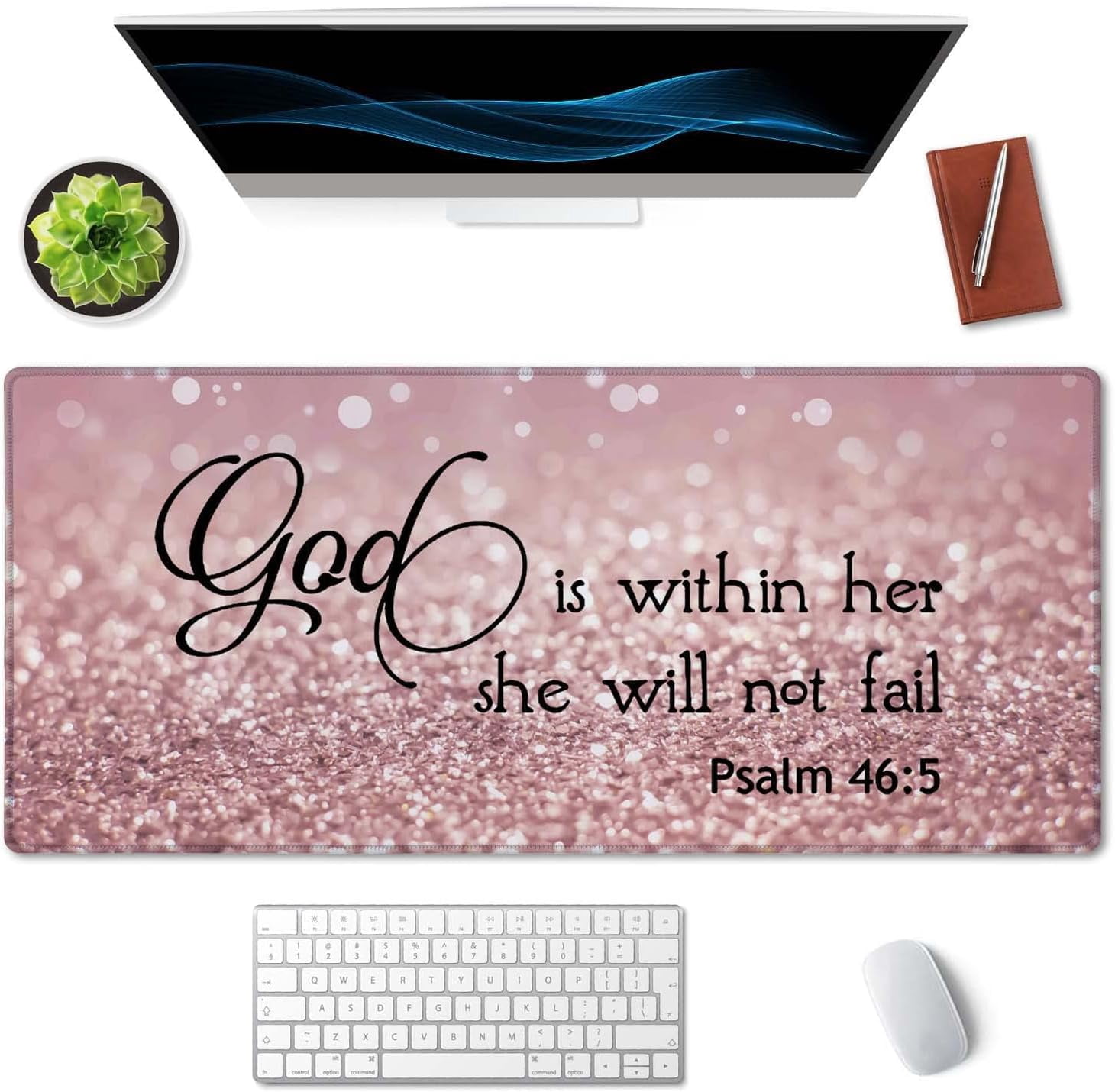 Bible Verse Mouse Pad 35.4 x 15.7 Inch XXL Full Desk Mousepad Extended Large Non-Slip Rubber Base Waterproof Big Keyboard Mat with Stitched Edges - PSALM 46:5 God is Within Her,She Will not Fall