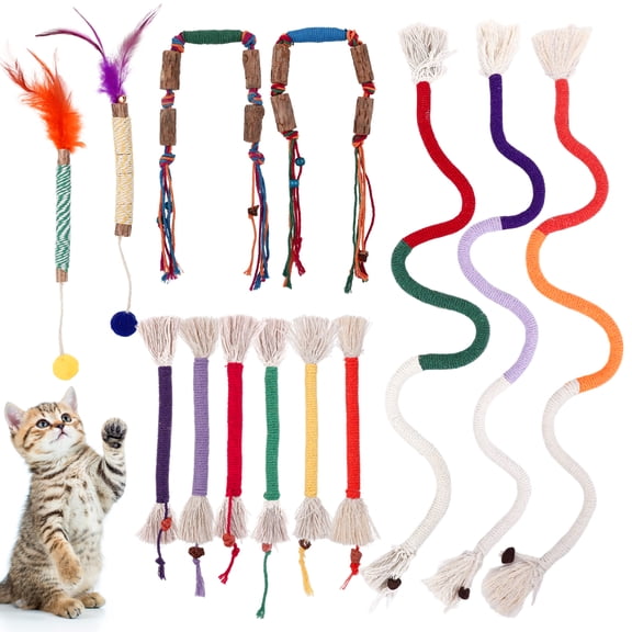 shuaien 13 Pack Cat Chew Toys Set, Kitten Natural Silvervine Sticks, Cotton Sisal Rope Toys, Cat Teething Toys, Interactive Toy for Bored Indoor Cats, Self-Play Kicker Cat Toys