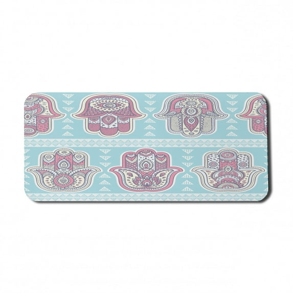 Hamsa Computer Mouse Pad, Bohemian Style Pattern with Open Hamsa Hands Ornate Mandala Theme Art Boho Print, Rectangle Non-Slip Rubber Mousepad X-Large, 35" x 15" Gaming Size, Blue Pink, by Ambesonne