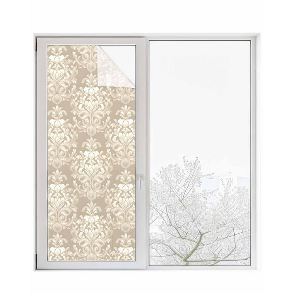 Window Privacy Film Beige Grey Boho Floral Stained Glass Window Film Decorative Sun Block Window Cover Vintage Ethnic Tribe Abstract Art Window Clings Static Adhesive Sticker for Bathroom 23.6"x59"