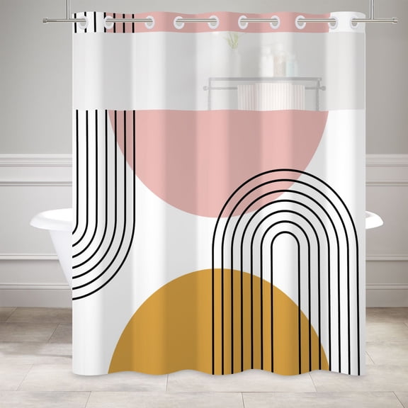 Mizhona Modern Mid Century No Hooks Shower Curtains with Snap in Liner Minimalist Aesthetic Hookless Fabric Bathroom Curtain,71"× 74"