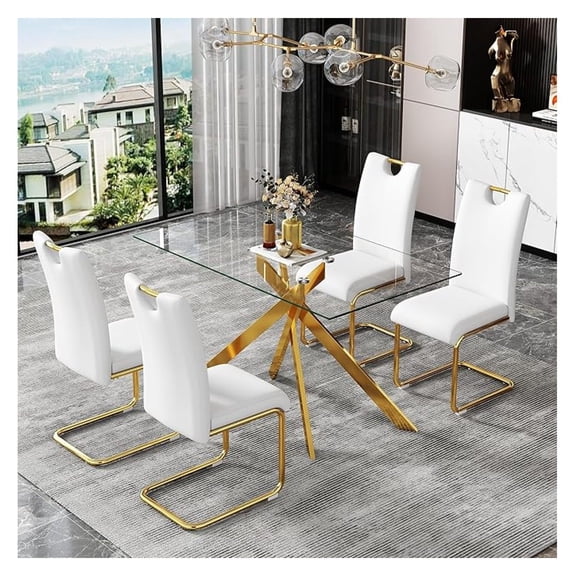 51.18" Rectangular Glass Dining Table, Tempered Glass Kitchen Tabe with Metal Legs, Stylish and Sturdy Dinner Table for Home and Outdoor Dining (Golden, 51.18'')