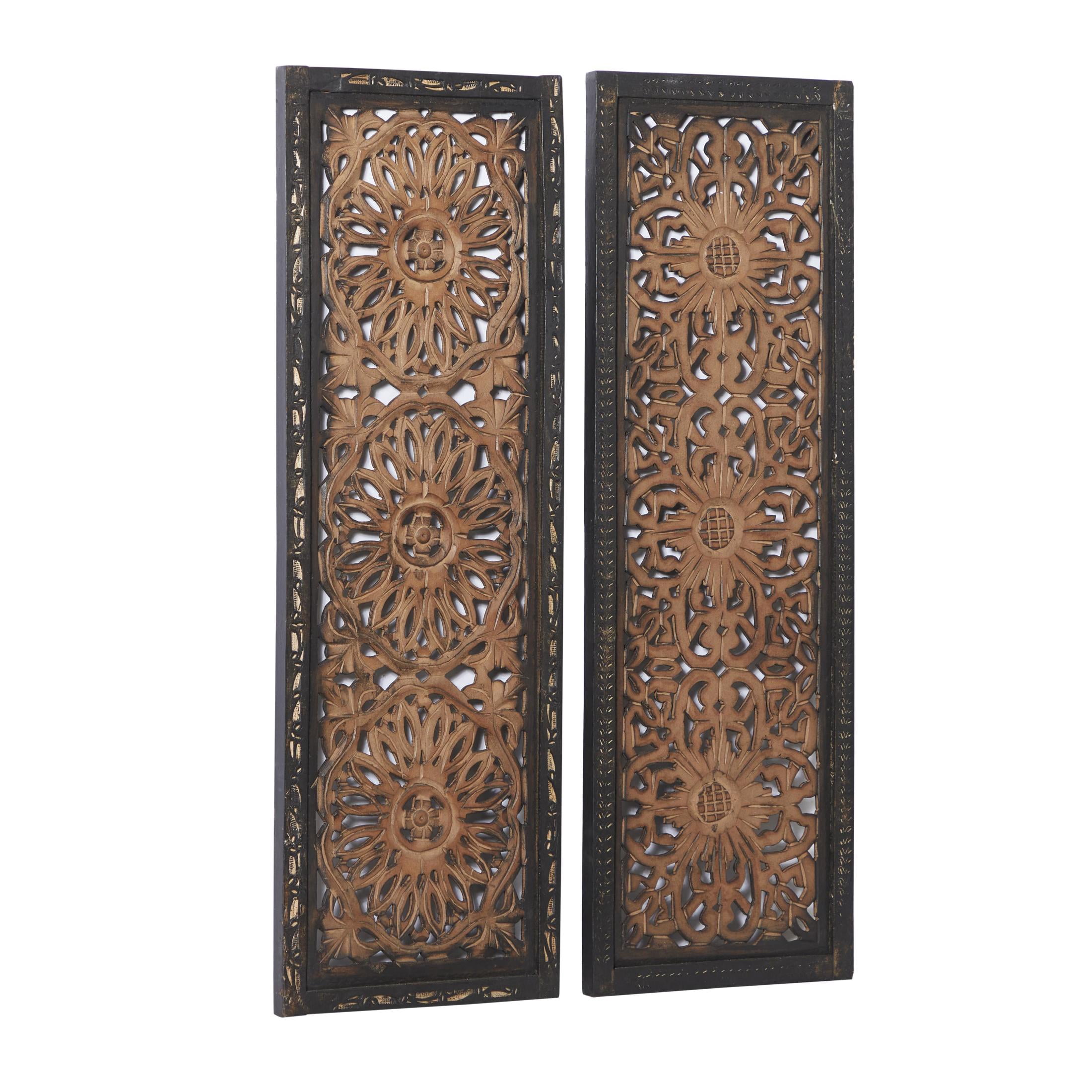 DecMode Brown Wood Handmade Intricately Carved Floral Wall Decor (2 Count)