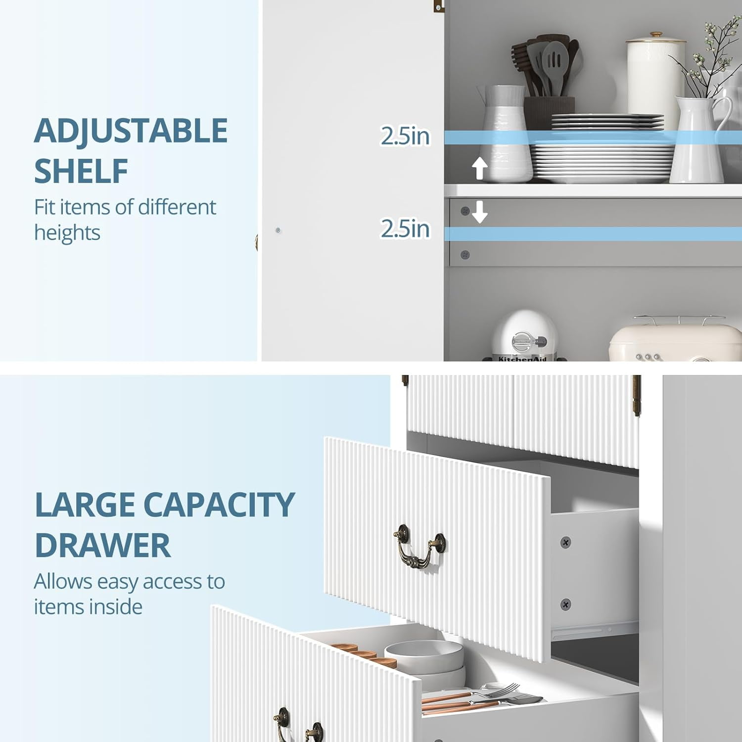 Fluted Arched Pantry Cabinet, 71" Tall Kitchen Storage Pantry Cabinet with Adjustable Shelves and 2 Large Drawers, Freestanding Morden Versatile Cupboard for Living Room, Bathroom, White