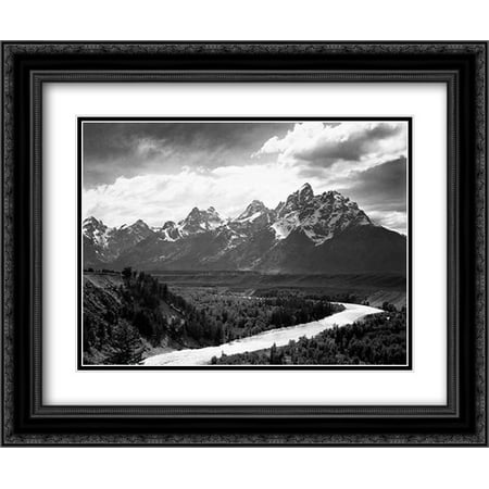 View from river valley towards snow covered mountains, river in foreground, Grand Teton National Par 2x Matted 24x20 Black Ornate Framed Art Print by Adams,