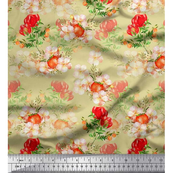 Soimoi Beige Cotton Duck Fabric Tomato & Peony Floral Decor Fabric Printed Yard 42 Inch Wide