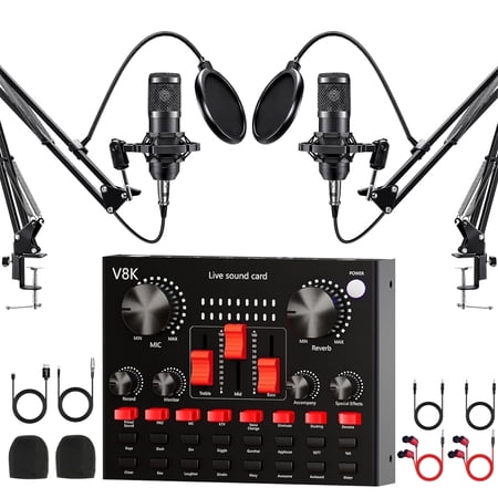 Podcast Equipment Bundle, Recording Studio Package with Dual BM800 Microphones and Voice Changer for PC/Mobile Live Streaming, Singing, Gaming, Voice Changer