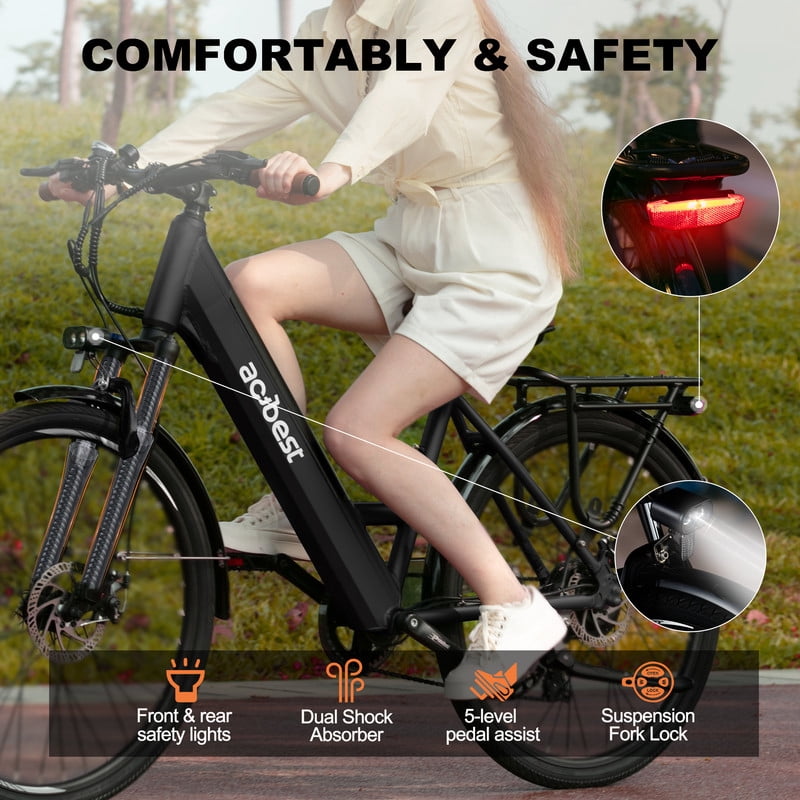 Actbest Electric Bike for Adults, 26" Step-Thru Electric Bicycle with 36V 13Ah Battery, 750W Peak Motor Electric Cruiser Bike with 20MPH, 7 Gears & Front Suspension (Black) with Saddlebag