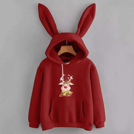 

jsaierl Hoodies for Women Bunny Ear Long Sleeve Shirts Christmas Sweaishirt Elk Print Tops Dressy Casual 2022 Cute Blouse Tee Xmas Pullover