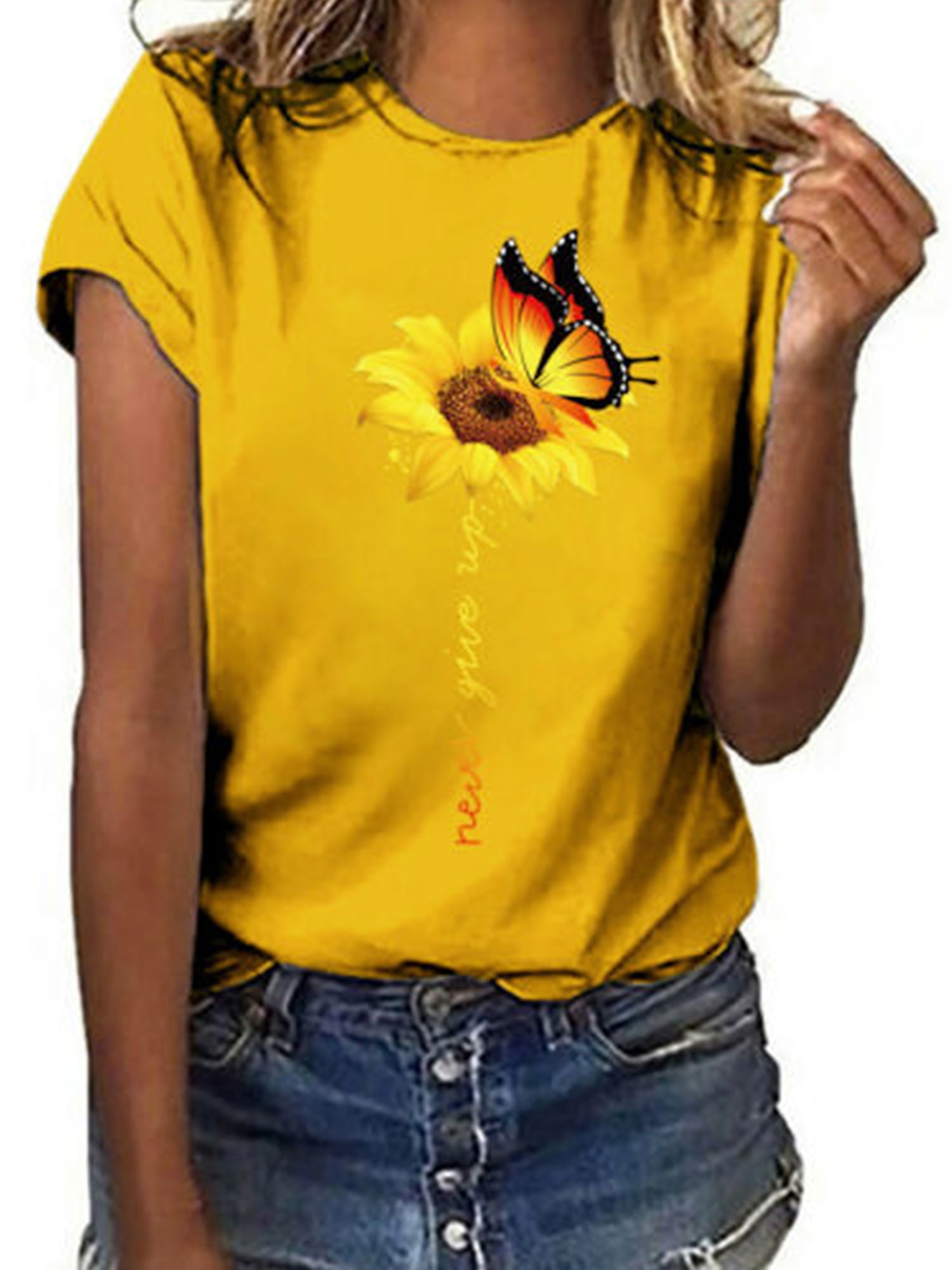 Hokny TD Women Loose Fit Short Sleeve Sunflower Print V Neck T-Shirt Blue Large