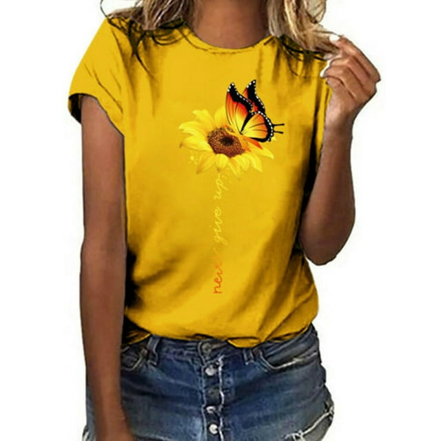 LUXUR Hauts pour Femmes T-Shirt Imprimé Tournesol Papillon Lettre T-Shirt Tunique Décontractée Blouse Manches Courtes Chandail Doré TG
