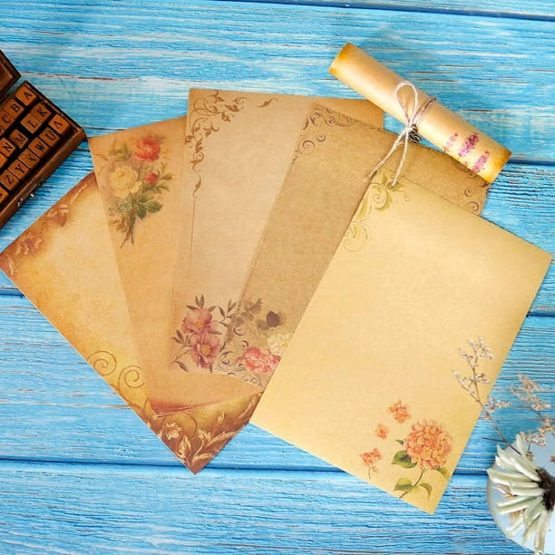 HTWW 64 feuilles de papier à lettres kraft motif fleur vintage papier à  motif marron écriture manuscrite A5 enveloppes papier pour carte de  remerciement lettre d'amour romantique 8,26 x 5,7 po 