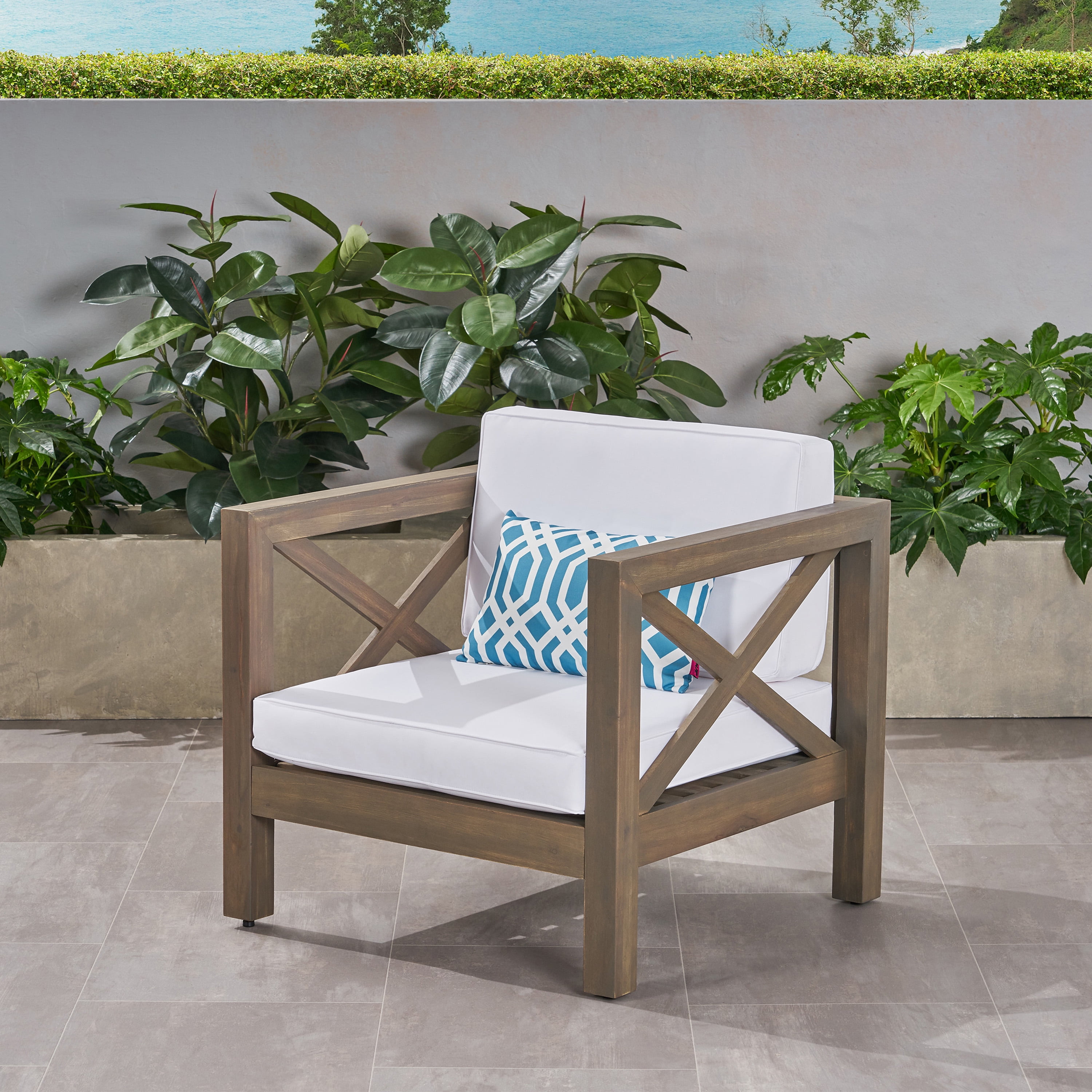 Outdoor Single Leisure Seat Chair, Acacia Wood Frame Relaxing Seat for Patio Garden, White