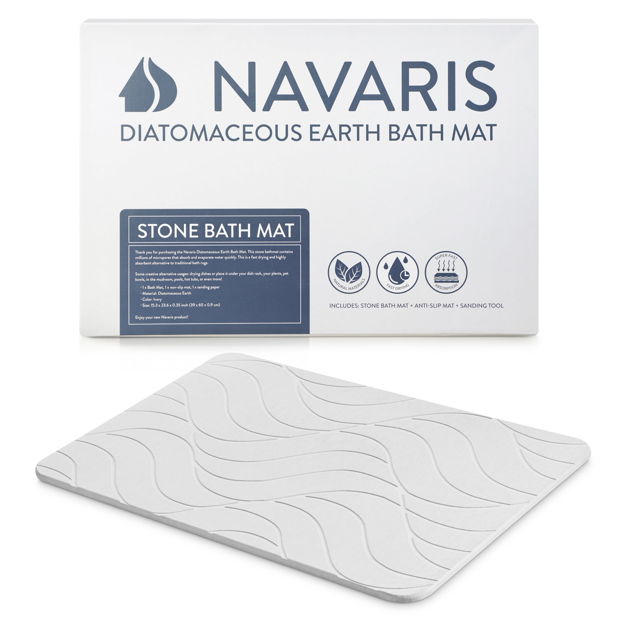 Navaris Diatomaceous Earth Bath Mat - Ivory Diatomite Stone Floor Mat For Bathroom And Shower At Home - Quick Dry, Non Slip, Absorbent 60 x 39 cm
