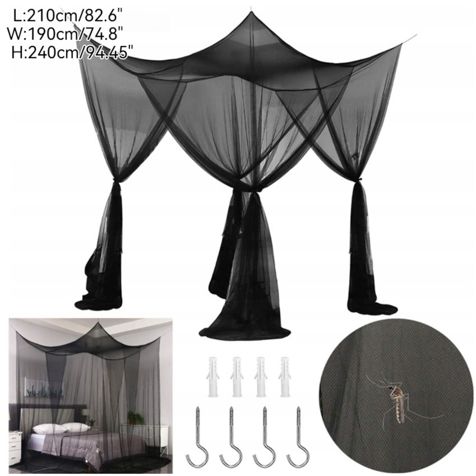 Mosquito Netting, Bed Canopy Mosquito Net for Bed, Canopy Bed Curtains for Twin Full Size, 4 Corner Post Bedroom Canopy for Kids Adults, Square Bed Drapes Home Decor,  Black